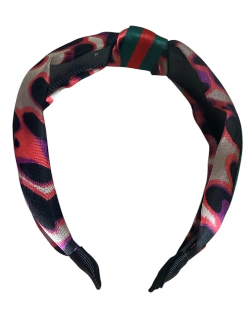 Striped Green and Red Knotted Headband with Floral Accent